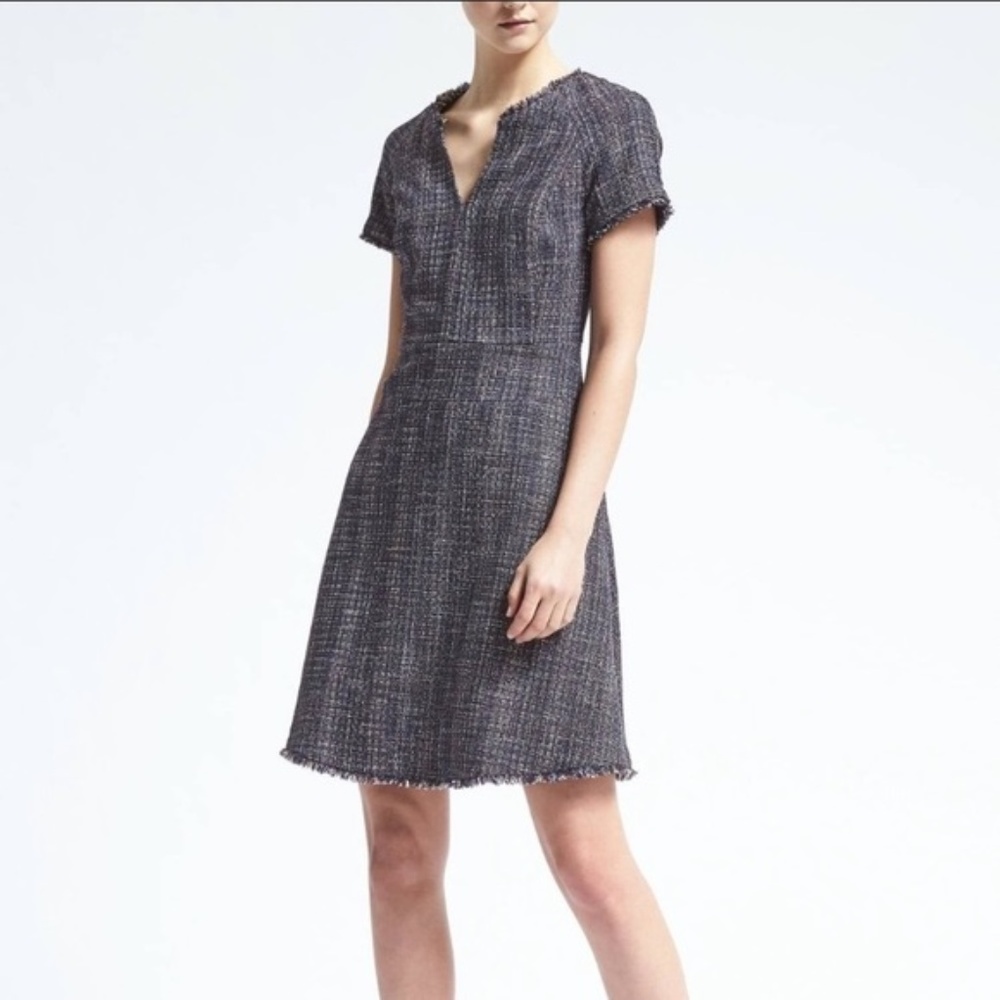 Banana Rep Tweed V-Neck A-Line Frayed Edge Dress